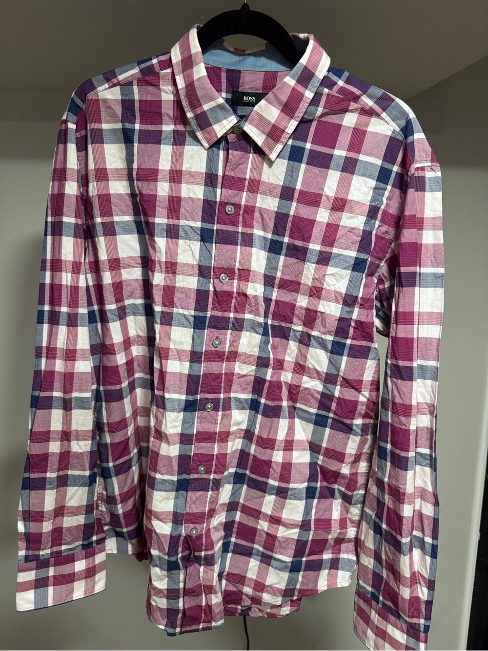 BOSS Men's blue/red Plaid Button-Down Shirt
